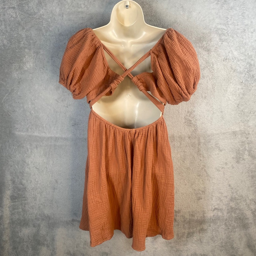 Princess Polly Mini Dress Size 6 Milkmaid Puff Sleeve Gauze Cottage Earthy Boho - Picture 2 of 9